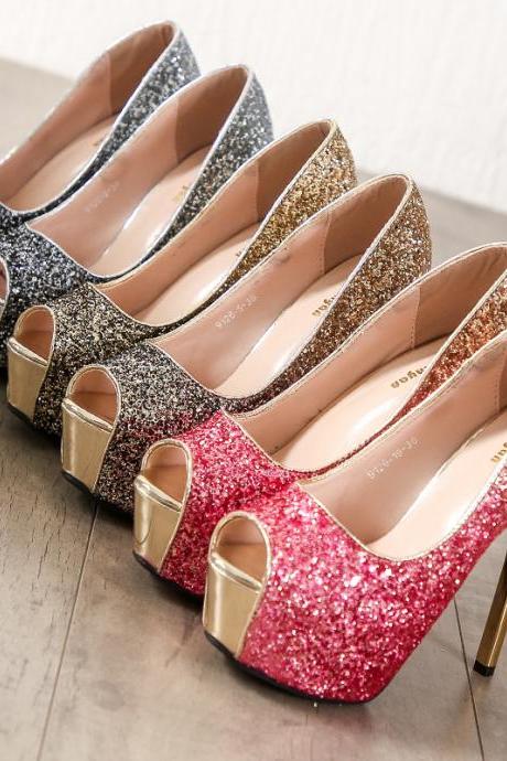 Peep Toe Glitter Women Platform High Heels Shoes