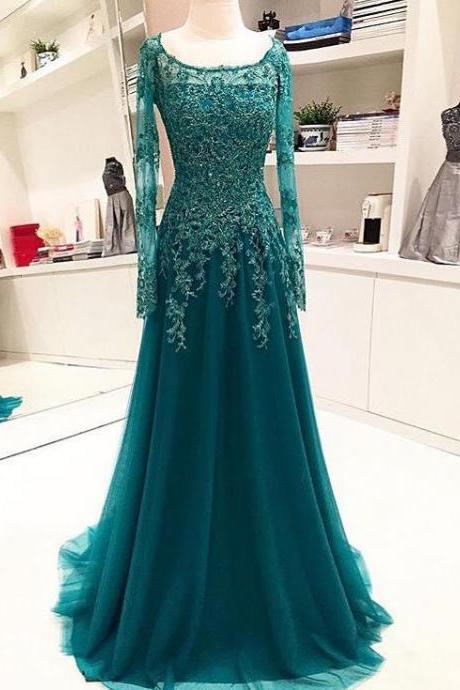 Long Sleeves Scoop Neck Green Formal Occasion Dress Evening Gown With Beaded Appliques