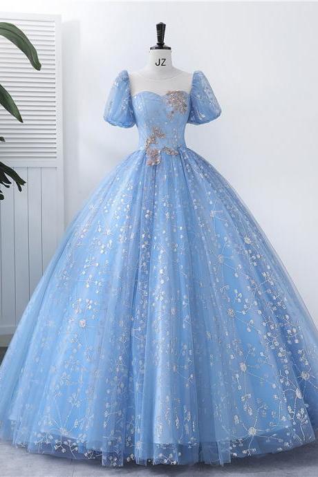 Latern Sleeves Sheer Neck Blue Ball Gown Princess Dress
