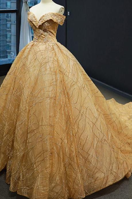 Off Shoulder Glitter Gold Pageant Dress Evening Gown