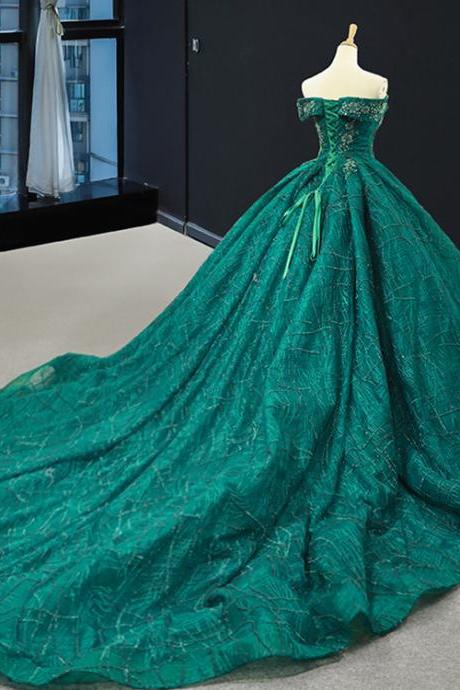 Off Shoulder Glitter Green Pageant Dress Evening Gown