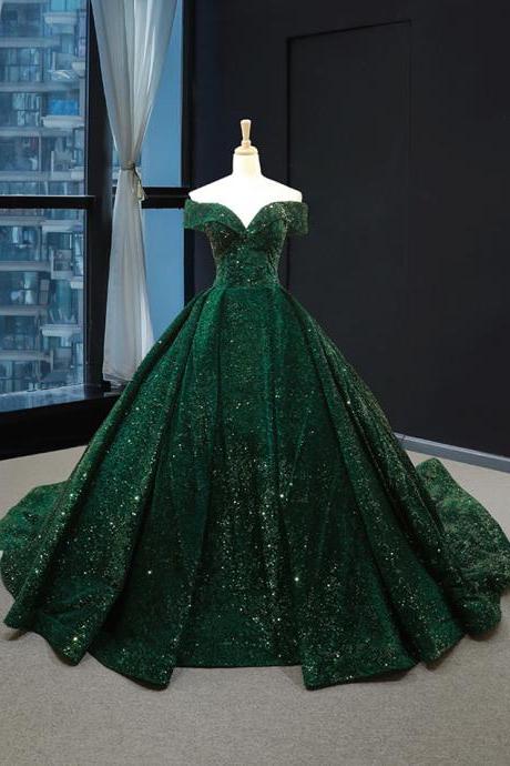 Off Shoulder Dark Green Sequin Ball Gown Pageant Dress Evening Gown