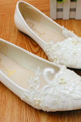 Slip One Lace Decor Women Flat Wedding Shoes