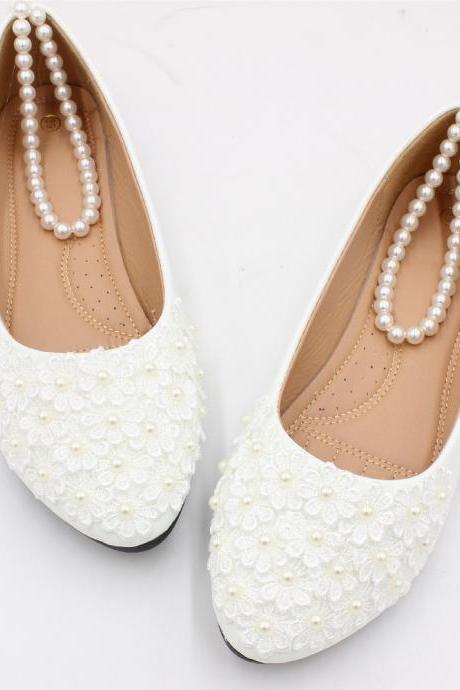 Lace Details Slip On Flat Wedding Shoes Women