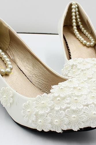Lace Details Pearls Ankle Strap Wedding Shoes Women