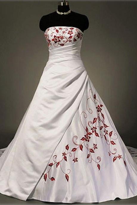 Strapless Ivory Satin Wedding Dress With Red Embroidery