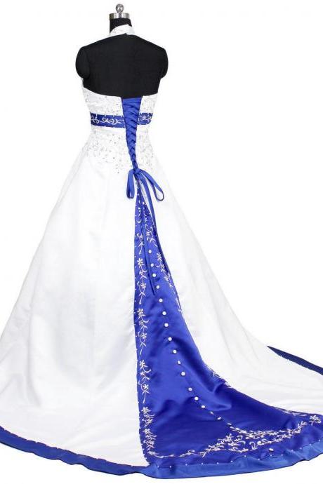 Halter White Royal Blue Embroidered Wedding Dress Gown