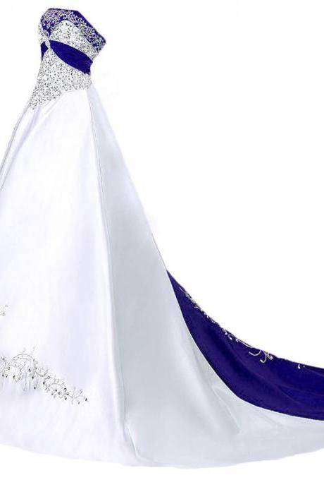 Sleeveless White Royal Blue Embroidered Wedding Dress Gown