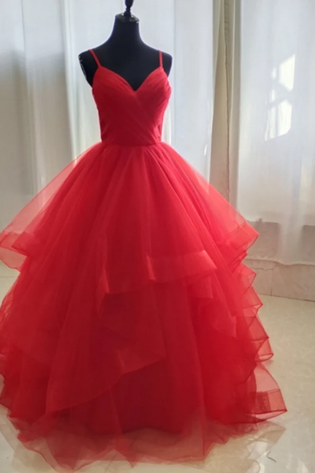 Spaghetti Straps Red Tulle Pageant Dress