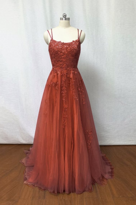 Burnt Orange Tulle Long Prom Dress With Lace Details