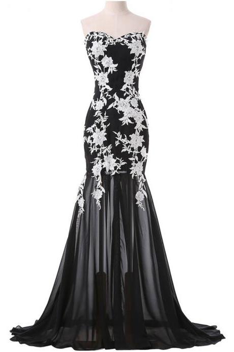 Sweetheart Black Formal Pageant Dress With White Lace
