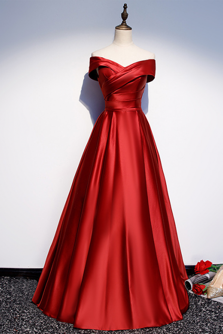 Off Shoulder Red Satin Long Formal Occasion Dress Evening Gown
