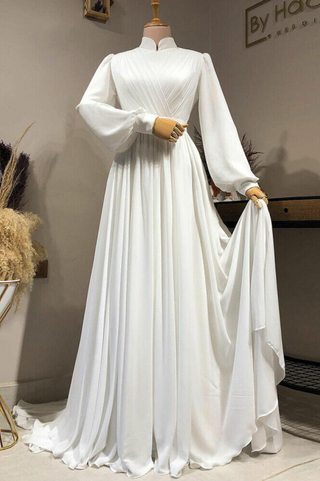 Latern Sleeves Ivory Chiffon Evening Gown Modest Muslim Formal Dress
