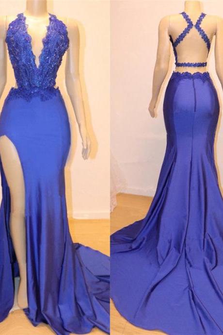 Royal Blue Backless Prom Dress With Slit
