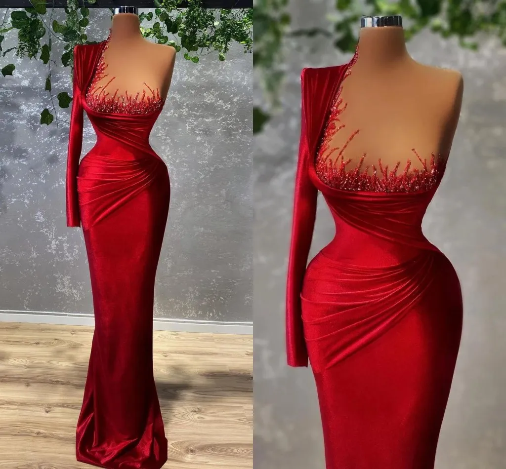 One Shoulder Red Pageant Dress With Sheer Chest