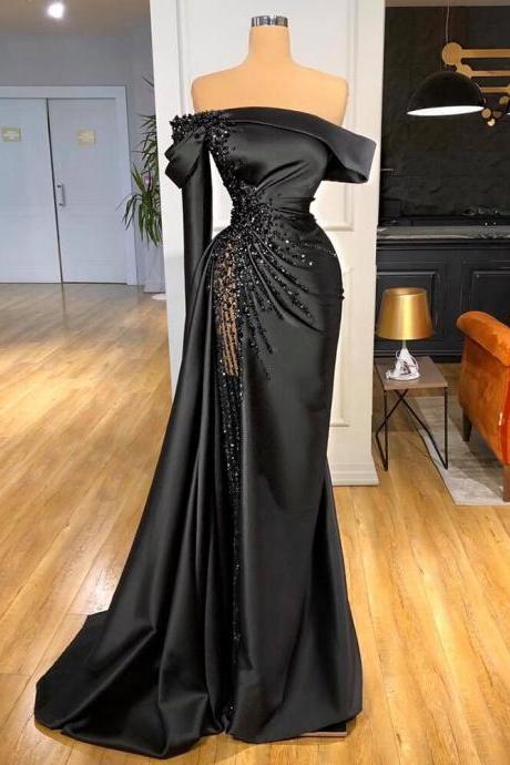 One Shoulder Black Pageant Dress With Beads