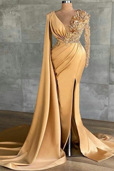 Champagne Gold Long Pageant Dress With Beads