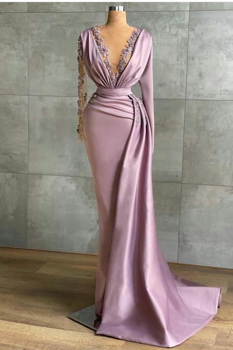 Long Sleeves Pageant Dress With Beads Evening Gown