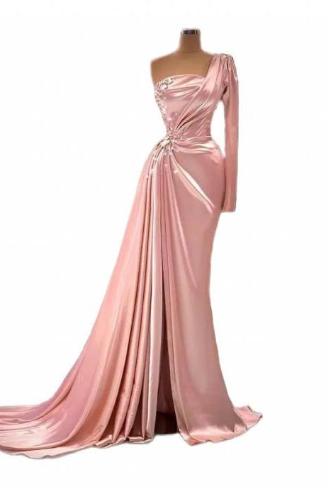 One Shoulder Pink Pageant Dress With Slit