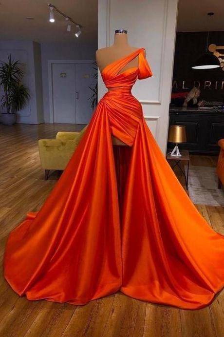 Asymmetric Neckline Orange Pleated Pageant Dress With Removable Skirt