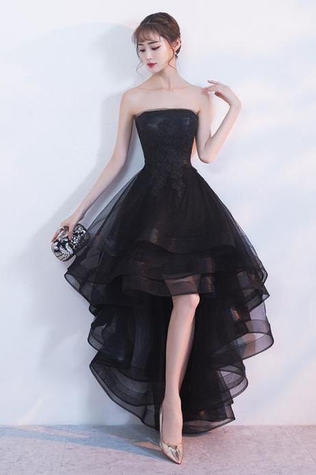 Strapless Appliqued Black High Low Party Dress