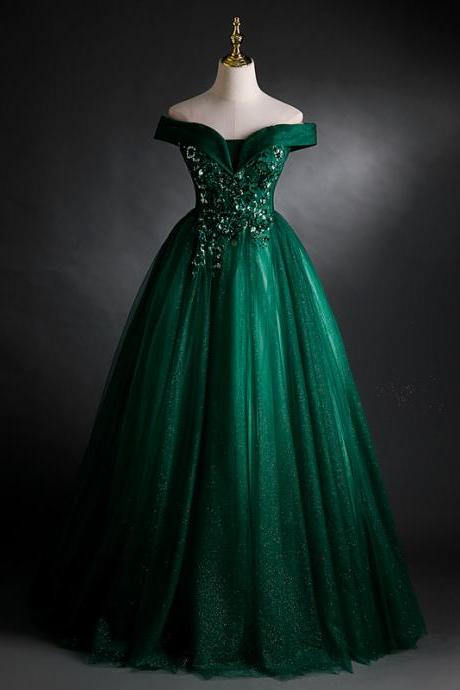 Off Shoulder Dark Green Ball Gown Dress With Appliqued Bodice
