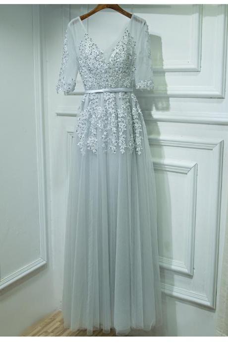 Short Sleeves Silver Long Evening Gown