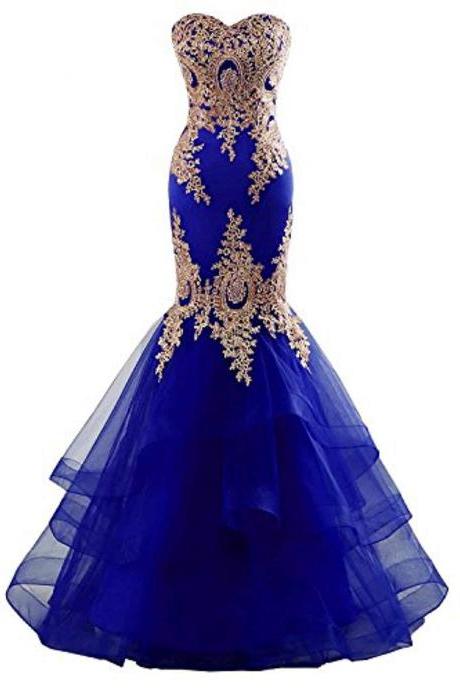 Royal Blue Mermaid Prom Dress With Gold Appliques