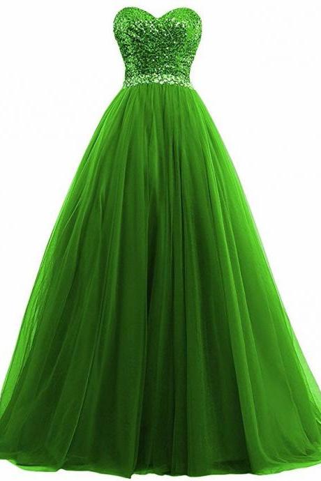 Sweetheart Neckline Green Tulle Long Evening Dress With Sequin Bodice