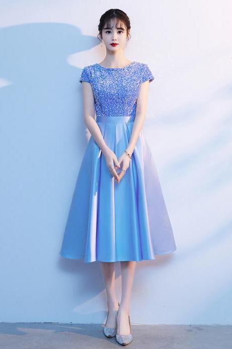 Cap Sleeves Tea Length Blue Party Dress With Sequin Bodice