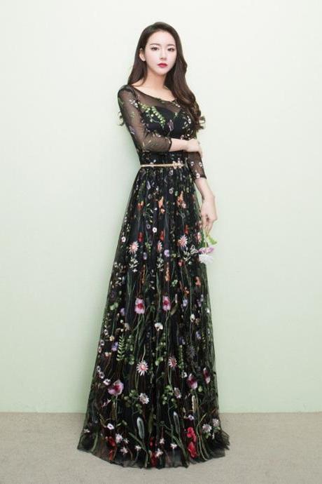 Black Embroidery Floral Formal Pageant Party Dress