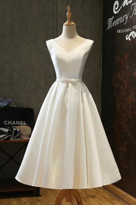 V Neck White Satin Short Party Dress Semi Formal Occasion Evening Gown