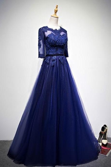 Half Sleeves Formal Dress Navy Long Evening Gown