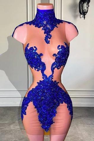 High Neck Illusion Short Pageant Dress With Royal Blue Appliques