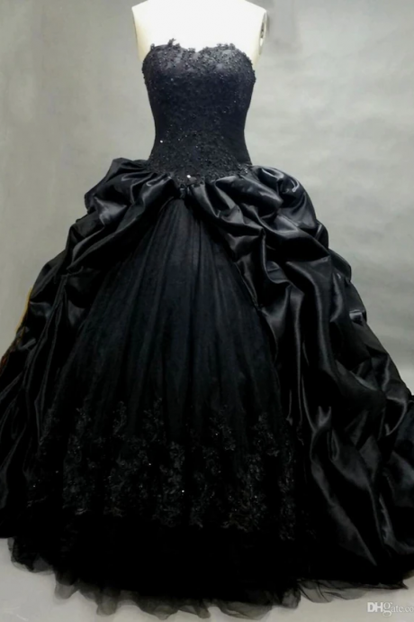 Deluxe Black Satin Ballgown Ruffled Skirt Alternative Wedding Dress