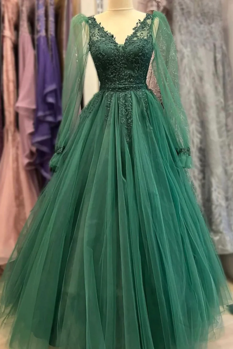 Long Sleeves Green Formal Occasion Dresses Evening Gowns