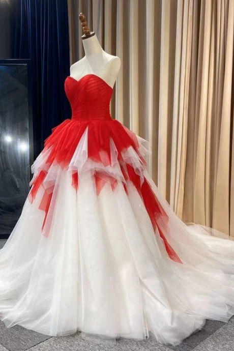 Sweetheart Neckline White Red Pageant Dress Evening Gown