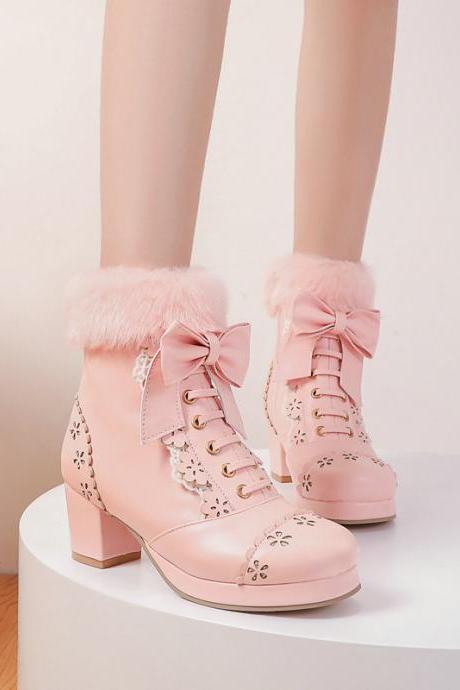 Pink Block Heel Winter Ankle Boots