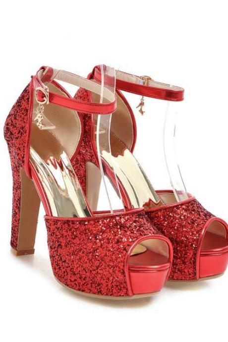 Glittering Red Stiletto Heels with Transparent Straps