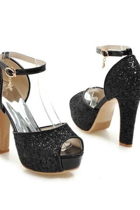 Black Glitter Peep Toe Platform Sandals