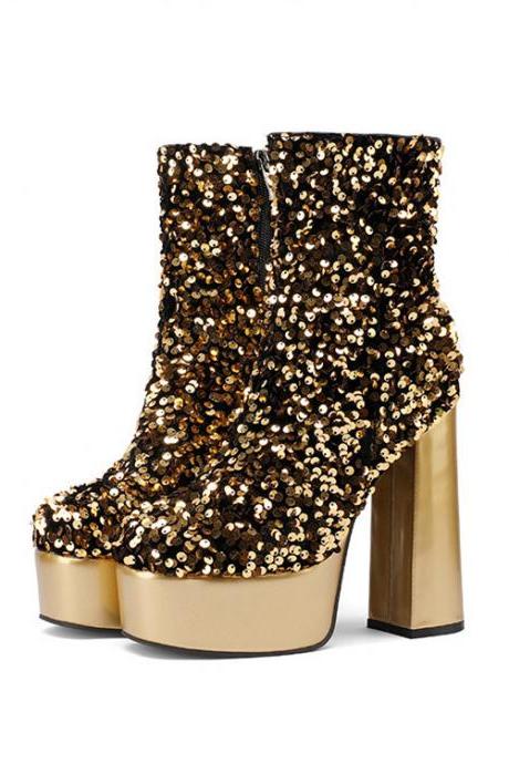 Glamorous Golden Sequin Chunky Heel Boots