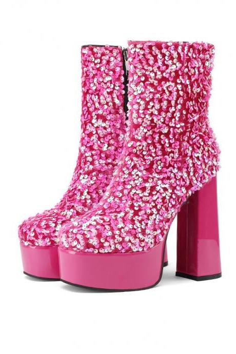 Sparkling Pink Sequin Platform Ankle Boots