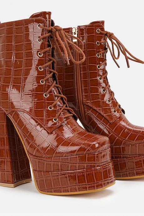 Retro-inspired Bold And Stylish Lace-up Brown Chunky Heel Booties