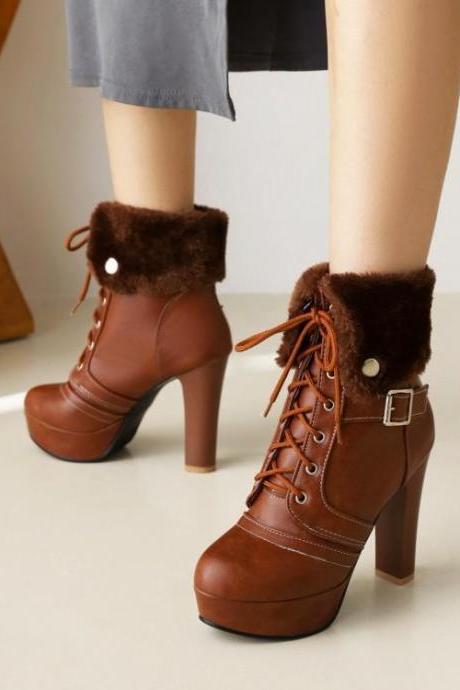Chic Autumn Brown Faux Fur Trimmed Lace-up Boots