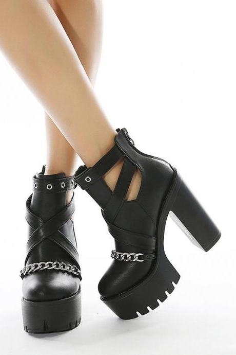 Chain Decor Black Platform Ankle Boots