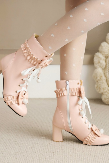 Ruffle Detailed Pink Ankle Boots