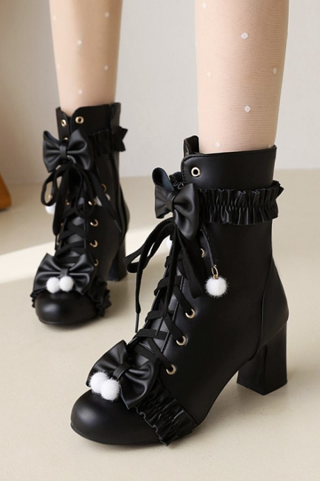 Ruffle Detailed Black Ankle Boots