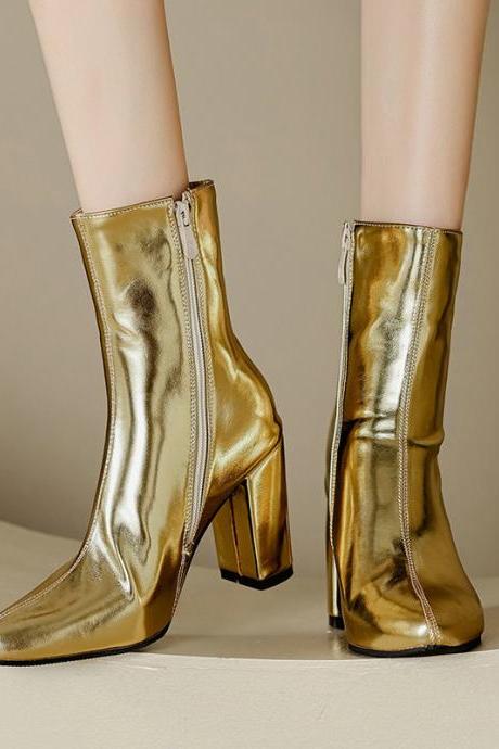 Glamorous Gold Zippered Ankle Boots With Chunky Heels