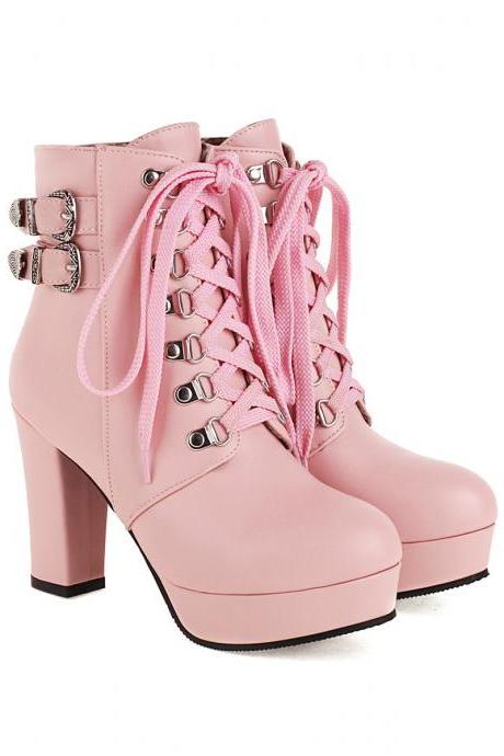 Chic Blush Pink Lace-up Ankle Boots With Chunky Heel