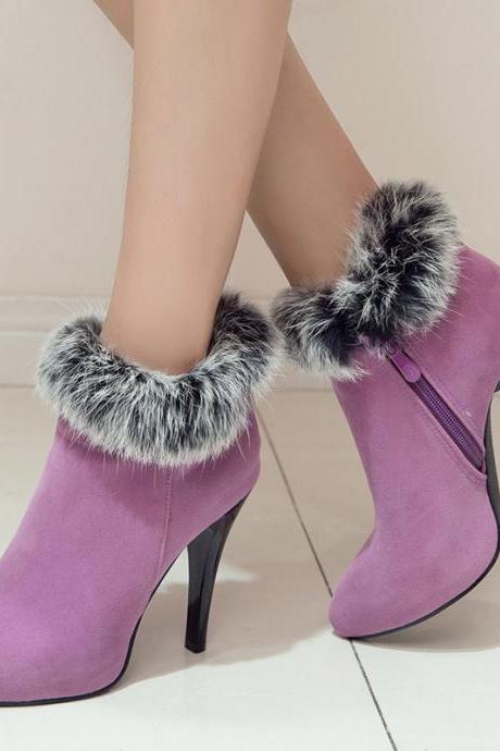 Lavish Lilac Faux Fur Trimmed Ankle Boots